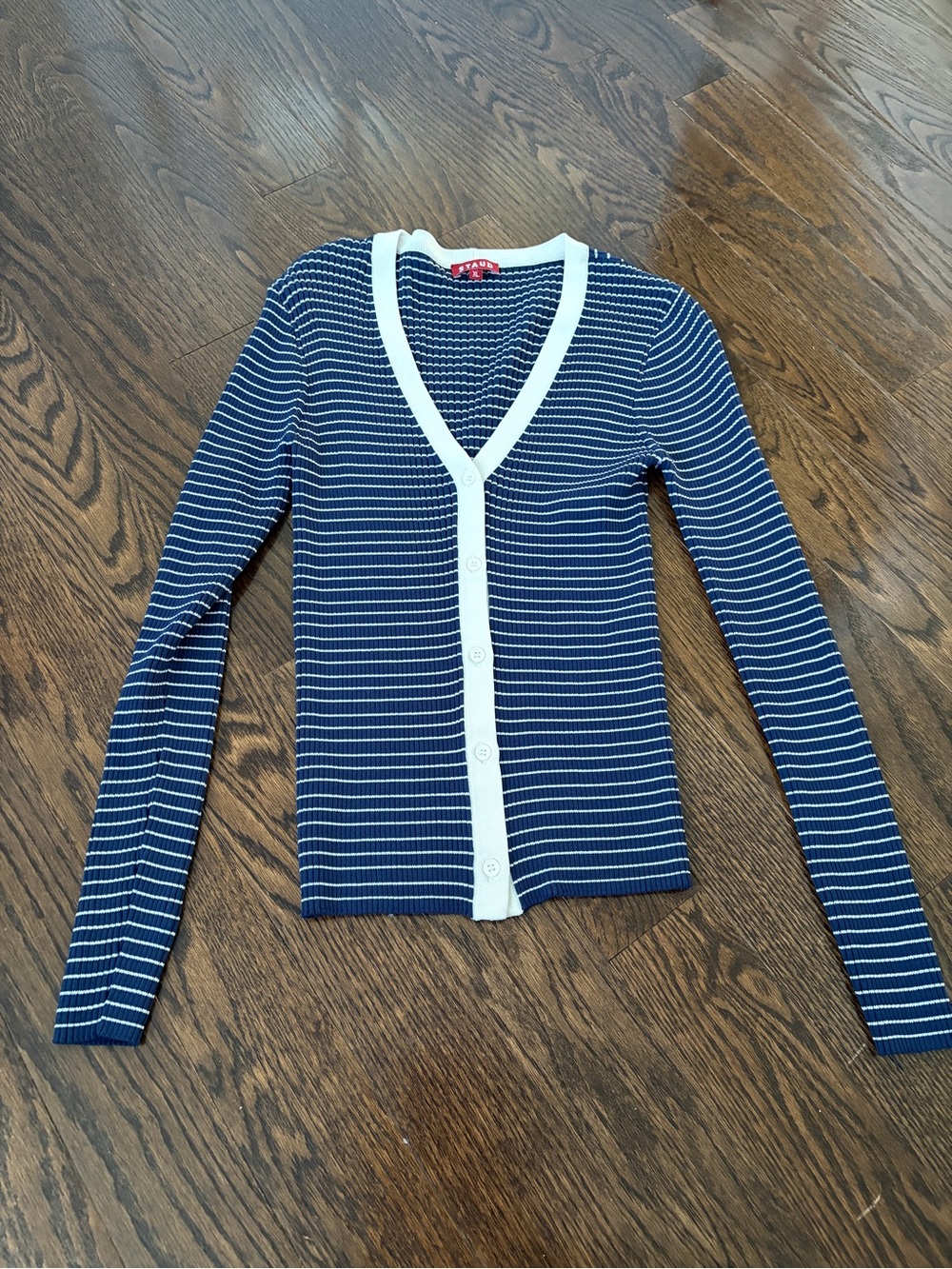 STAUD Navy & White Striped Knit Cardigan. Size XL